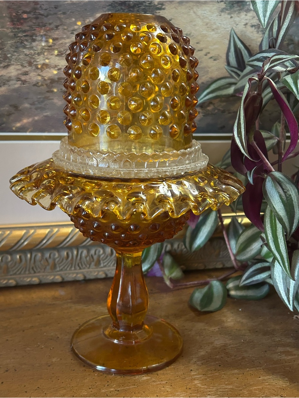 Vintage Fenton Amber Hobnail 3-Piece Pedestal Fairy Lamp